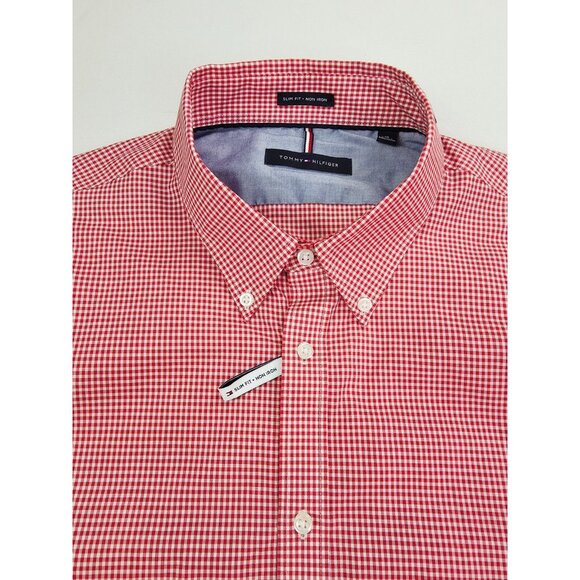 Tommy Hilfiger Slim Fit Non Iron Size 18 34/35 Mens Red White Check Shirt NWT - Picture 1 of 9